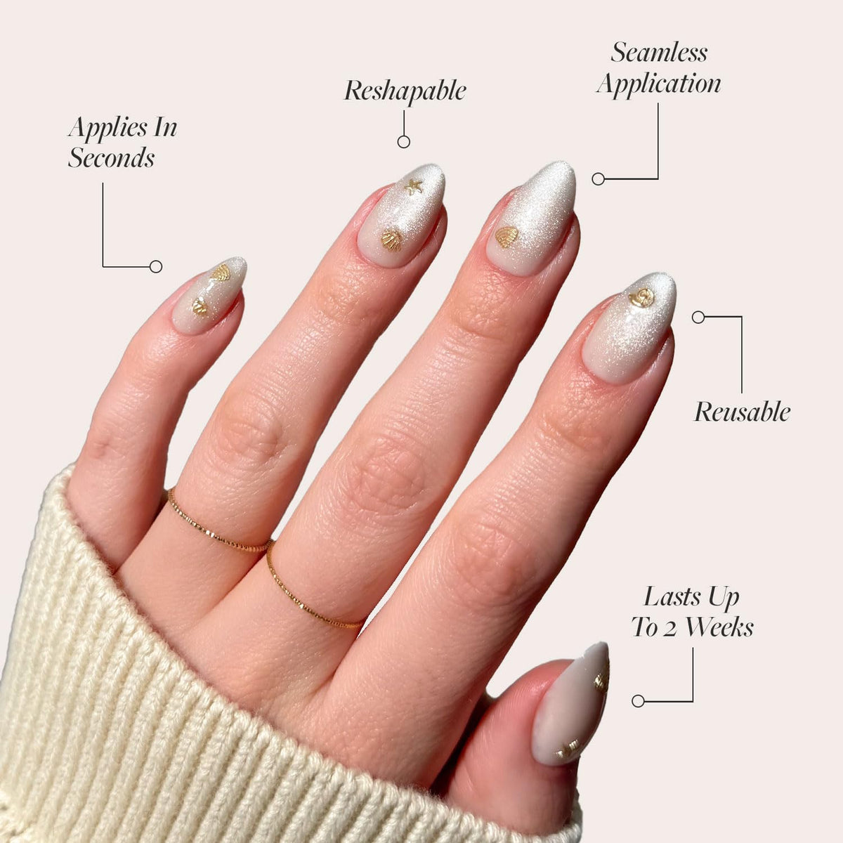 Sanded Short Almond Nude Press-On Nails with Gold Shell Accents - photo 3