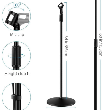 Mic Stand, Microphone Stand Floor Detachable Boom Mic Arm Stands with Weighted Round Base, Height Adjustable from 34" to 60" for Blue Yeti HyperX QuadCast Shure SM58 Samson Q2U Fifine K669B