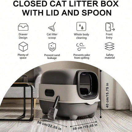 Foldable Cats Litter Box for Home, Enclosed Cats Litter Box with Lid and Scoop, Large Size Anti-Splashing Easy to-Clean, Front Entry and Exit (Grey)