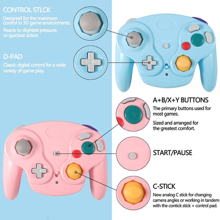 PGYFDAL Wireless Game Cube Controller, 2 Pieces 2.4G Wireless Classic Gamepad with Receiver Adapter for Wii Game Cube NGC GC (Pink and Blue)