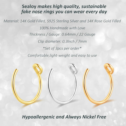 Set of 3 - Fake Clip On Nose Ring Hoop for Women - No Piercing Needed Nose Cuff - 22 Gauge - 7mm - Faux Nose Septum Ring - Gold, Sterling Silver, Rose Gold - 22g