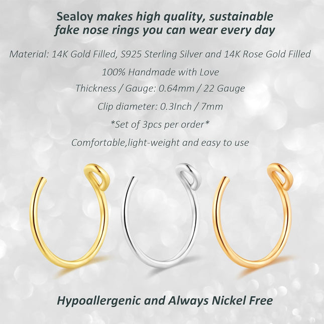 Set of 3 - Fake Clip On Nose Ring Hoop for Women - No Piercing Needed - photo 2