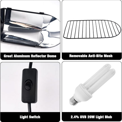 HOSUKKO Bird Cage Light Fixture Combo Kit with Chew Guard,Lamp Hood with 2.4% UVB UVA 20W Compact Fluorescent Bulb for All Kinds Captive Birds