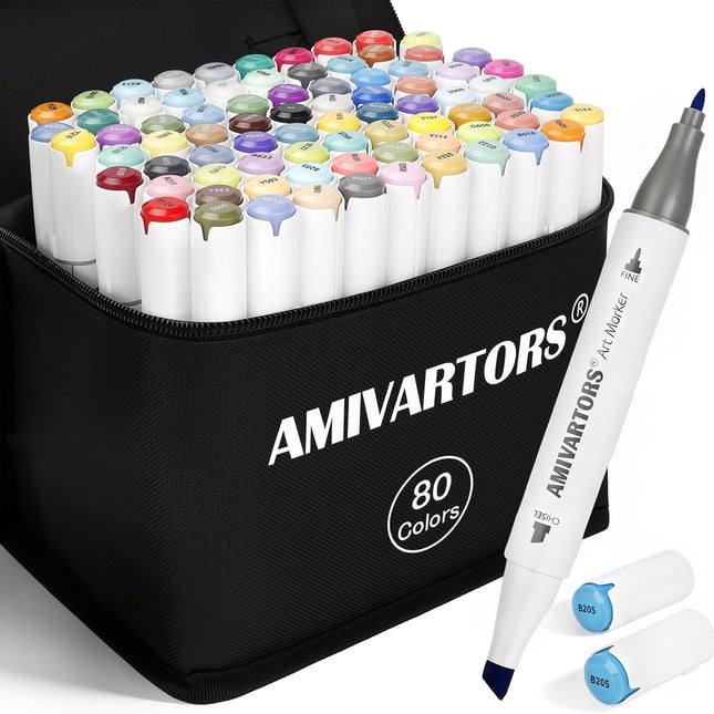 80 Colors Alcohol Markers Dual Tip Set, Chisel & Fine, 2.8g High Ink Capacity, Easy Blending Art Markers with Carrying Case