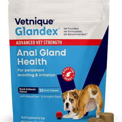 Vetnique Glandex Anal Gland Health Soft Chew Treats with Pumpkin for Dogs Digestive Enzymes, Probiotics Fiber Supplement for Dogs Boot The Scoot (Advanced Strength Duck/Bacon Chews (Veg), 30 Count)