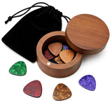 Guitar Pick Holder Set with 2 Wood Picks + 8 Celluloid Picks (3 Thicknesses), Rotating Magnetic Lid Guitar Pick Case Wooden, Mini Jewelry Box, Music Accessories for Guitar Lover Player
