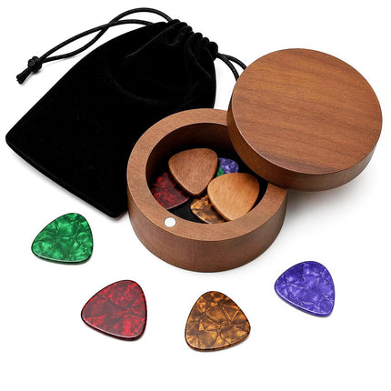 Set de portapúas de guitarra con 2 púas de madera + 8 púas de celuloide (3 grosores), estuche de madera con tapa magnética giratoria, mini joyero, accesorios musicales para guitarrista