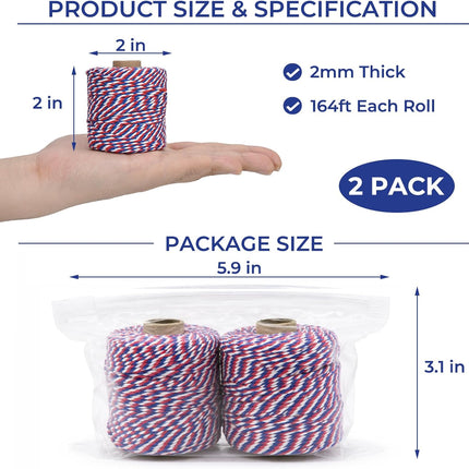 Cotton Twine String,2mm Thick, 164 Feet per Roll, 2 Pack, for Crafts Gift Wrapping Baking Holiday Decor,Red Blue and White