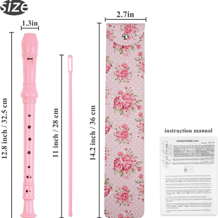 Recorder Instrument for Beginner Adults,8-Hole Soprano Descant Recorder Music Flute with with Cleaning Rod & Leather Case For Home Entertainment(2-Pink Rose)