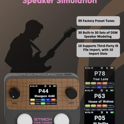 STRICH Pipe Tones Pocket Multi-Effects Processor for Guitar and Bass with 10 Effect Modules 125 Effects 40s Looper 100 Drum Patterns USB Audio Interface Wireless Control (Dark Gray)