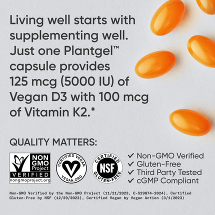 Sports Research Vegan D3 5000IU + K2 MK7 100mcg softgels bottle side and back view