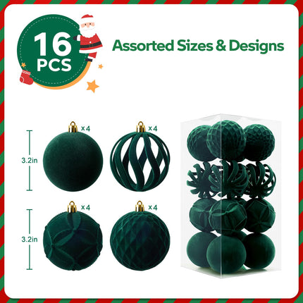 Christmas Balls, 16 Dark Green Flocked Ornaments for Tree Decor