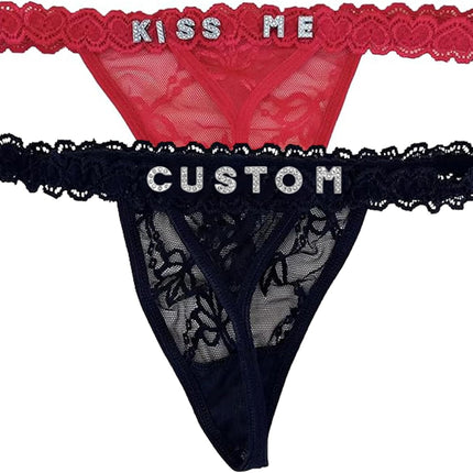 2-Pack Personalized Thongs with Names, Custom Lace Underwear Panties with Rhinestone Shiny Letter Name for Women & Girlfriend Birthday Gift/Valentine's Day Gift Black