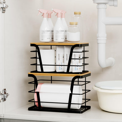 2 Pack Stackable Storage Laundry Kitchen Organizers, Wall Mount Trash Bag Holder with Bamboo Top and Garbage Bag Dispenser No Drill
