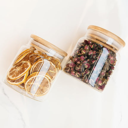 17 floz Small Glass Storage Containers with Lids,Candy Jar with Lid, Glass Food Storage Containers for Kitchen Counter, Pantry, Decorative Jar for Coffee, Sugar,Tea, Cute Jar(Bamboo 17 FL OZ)