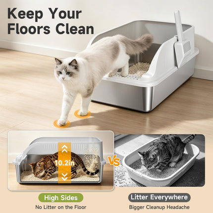 Arenero para gatos de acero inoxidable con tapa, arenero metálico XL de lados altos