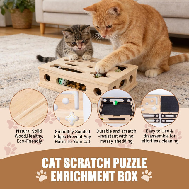 Cat Scratch Puzzle Enrichment Box, Smooth Solid Wood Cat Nail File
