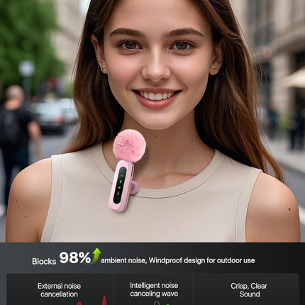 Upgraded Mini Microphone for iPhone Android/iPad PC with LED Display, Wireless Clip-On Mics, USB C Lavalier Microphone with Noise Cancelling (for Lightning-USB-C Port, Pink)