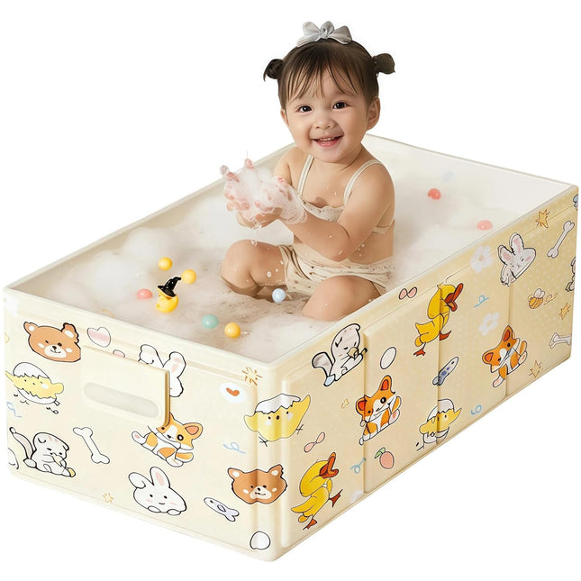 Foldable Baby Bathtub with Cute Animal Print, Portable Infant Bath Tub