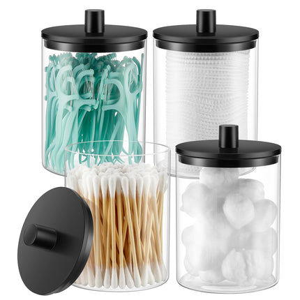 Dispensador de vidrio para hisopos de 10 oz, frasco transparente tipo botica, organizador para tocador de baño para hisopos, almohadillas, palillos de hilo dental y maquillaje (2 piezas, negro)