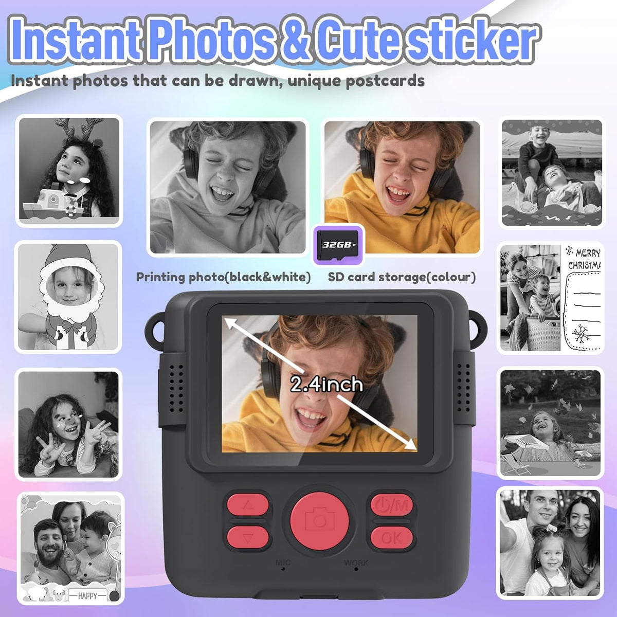 Kids Camera Instant Print, Christmas Birthday Gifts for Kids Age 3-12, Selfie Digital Camera with 1080P - photo 3