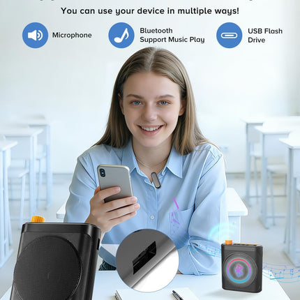 Voice Amplifier for Teachers with Dual Magnetic Wireless Lavalier Microphones & Noise Reduction - Bluetooth Portable Rechargeable Speaker for Classroom, Meetings, Yoga, Speeches (Black)