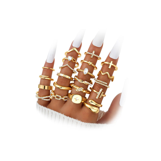 Gold Stackable Rings Set for Women, Gold Plated Chunky Crystal Finger Rings