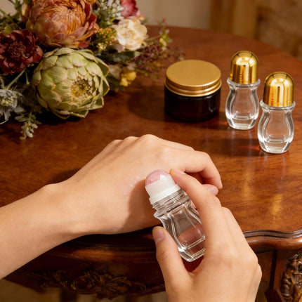 Rose Quartz Roller Waisted Bottles for Essential Oils,30ml Refillable Clear Glass Roll On Bottles with Natural Crystal Roller Balls, Leak-Proof Travel Perfume Bottle with Gold Caps