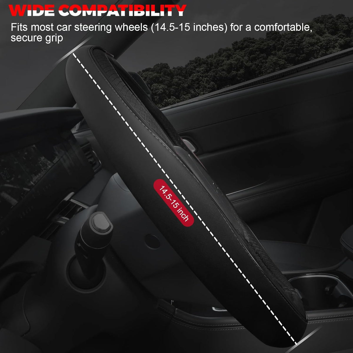 Black Microfiber Leather Steering Wheel Cover, Universal 14.5-15 Inch - photo 2