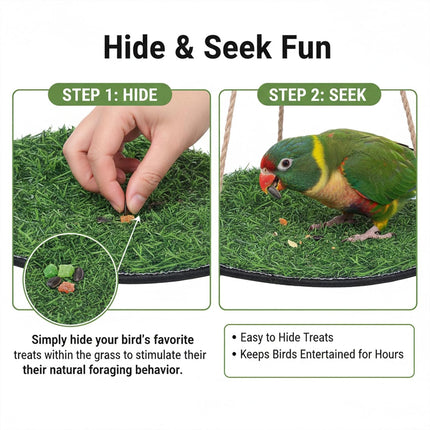 Large Bird Foraging Mat Toys, Bird Grass Hammock Swing Mat for Parrot, Hanging Lawn Climbing Perch Accessories with Hooks for Parakeet Cockatiel Budgie Bearded Dragon Snake