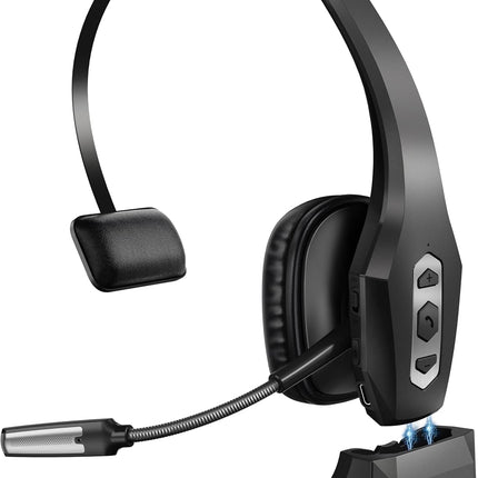 Trucker Bluetooth Headset with Charging Base, Wireless Hands-Free Headset with Noise Canceling Mic & Mute Button, 56Hrs Working Time PC Headsets for Cell Phones, Computer, Truck Driver