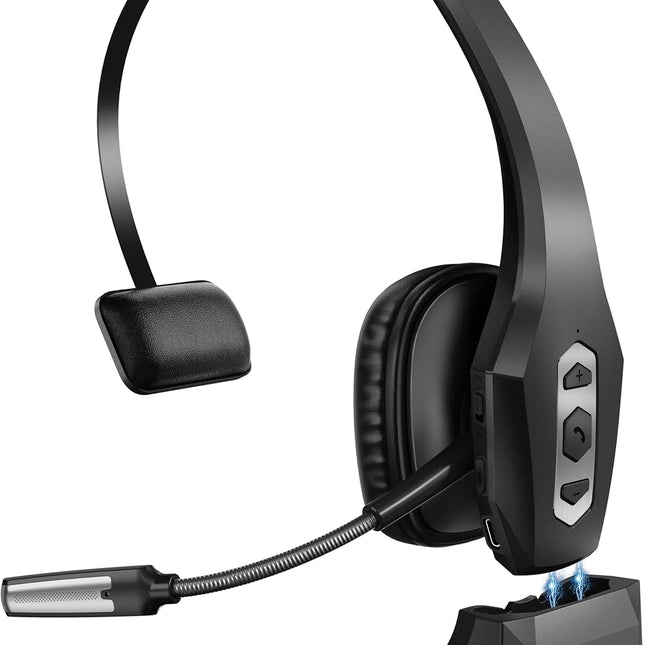 Trucker Bluetooth Headset with Charging Base, Wireless Hands-Free Headset with Noise Canceling Mic & Mute Button, 56Hrs
