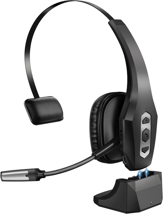 Trucker Bluetooth Headset with Charging Base, Wireless Hands-Free Headset with Noise Canceling Mic & Mute Button, 56Hrs