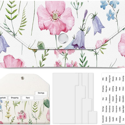 PU Leather Cash Envelopes Wallet, Reusable Money Savin Wallet, Cute Budget Envelope with 4 Dividers & 1 Sheets Budget Labels Watercolor Botanical Flowers