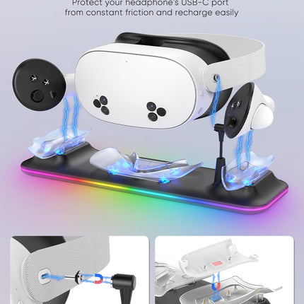 Charging Dock for Meta Quest 3S/3, Magnetic Charging Station for Oculus Quest 3S/3 Accessories with RGB Light, Charging Stand for VR Headset & Controller with 2 Rechargeable Batteries (Black)