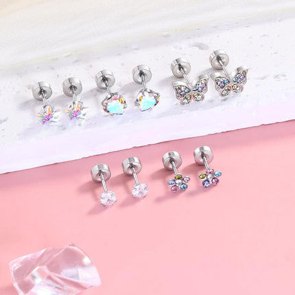 Hypoallergenic Earrings for Girls,Toddler Screw Back Earrings for Kids Baby Women,Lightweight Surgical Steel Cute Pink Bow Butterfly Heart Flower CZ Flat Back Stud Earring for Sensitive Ears