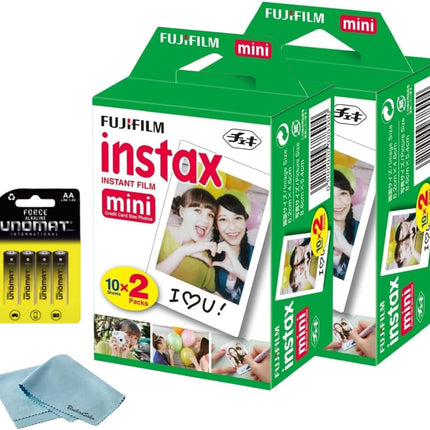 Fujifilm Instax Mini Instant Film, 40 Shots (10 Sheets x 4) – Capture Memories Anytime, Anywhere + BluebirdSales Premium Cleaning Cloth & 8 AA Batteries