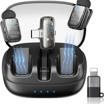 Mini 2 Wireless Lavalier Microphones for iPhone 15/16/17 & Android, 3-Level Noise Reduction, Plug & Play, 36H Battery with Charging Case, Wireless Lapel Mic for Video Recording, Vlogging