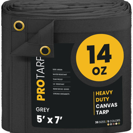 PROTARP Heavy Duty 14 OZ Water Resistant Canvas Tarp, UV Resistant Tarpaulin Cover with Rustproof Brass Grommets, Multipurpose for Canopy, Roof, Camping, Woodpile (Grey 5'X7')