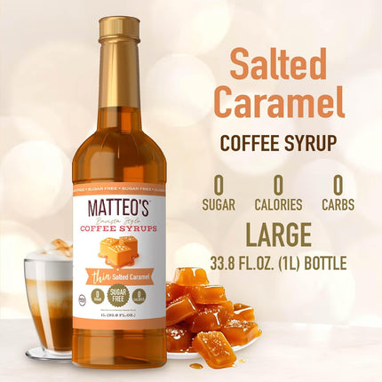 Matteo's Salted Caramel Syrup for Coffee, Lattes, Cappuccinos & Desserts – Sugar-Free Sweetener for Beverages, Keto Friendly, Zero Calories, Indulgent Flavor, Non-Alcoholic, 33.8oz (1pk)