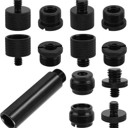 13pcs Microphone Stand Adapter Screws with Extension Extender Tube, Aluminum Alloy 5/8" to 3/8" & 1/4" Mic Thread Converters Camera Tripod Compatible with Blue/FIFINE/MAONO/HyperX/Audio-Technica