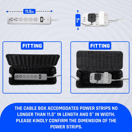 Cable Management Box, Handmade Rattan Cable Organizer with 2 Open Slots, Cord Hider for Power Strip, Router & USB Hub, Registered U.S. Design Patent (D1,112,102), 13" x 5.1" x 5.1", Black