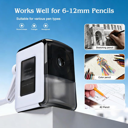 Manual Pencil Sharpener Hand Crank Pencil sharpeners for Kids Adjustable in 3 Grades of Thickness Suitable for Kids,Artists,Students,and Office (Black/White)