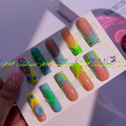 HAND-PAINTED Purple False Nails Set Coffin Press on Nails Pressons Kit Medium Length Stick on Nails Shoot Nail Art Short Nails with Nail Glue on Nails Square, Long Almond Nail (TJ47, Medium)