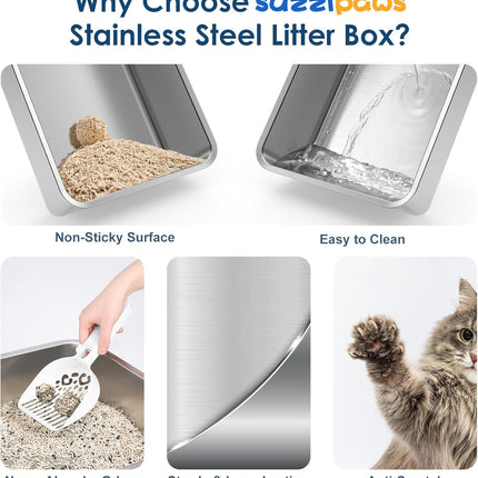 Suzzipaws Stainless Steel Litter Box with Lid, 17.3”×13.4”×9" Kitty Litter Box for Kittens & Small Pets, High Sides Metal Cat Litter Box for Leak Proof, Easy to Clean, Non-Stick, Odor Control