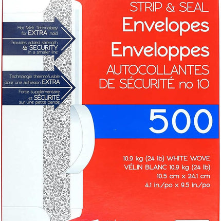 Top Flight PSTF10NWT #10 Envelopes, Strip & Seal, Security Tinted, White Paper, 24 lb, 500 Count