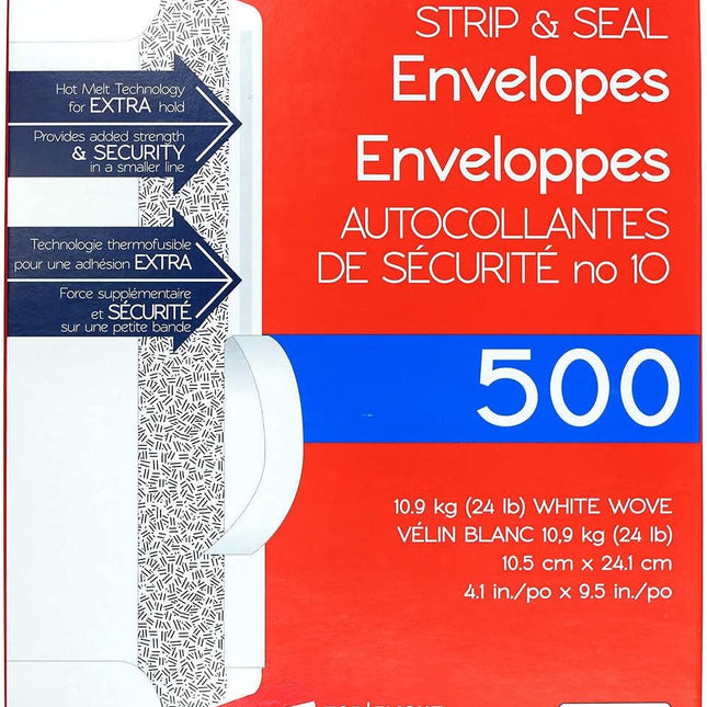 #10 Envelopes, Strip & Seal, Security Tinted, White Paper, 24 lb, 500 Count