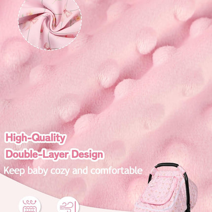 Car Seat Cover Baby Girls, Infant Carseat Covers with Mesh, Dual-Layer Protection for Summer Winter, Easy Access Newborn Canopy Breathable, Windproof & Fit Baby Stroller, Flower Bow