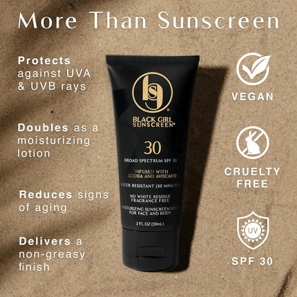 Black Girl Sunscreen SPF 30 for the Face & Body - Moisturizing Sun Protection, SPF 30, Sun Lotion for Women, Ultra Sheer, Travel Size, No White Cast for Melanin Rich Skin - 2 fl oz