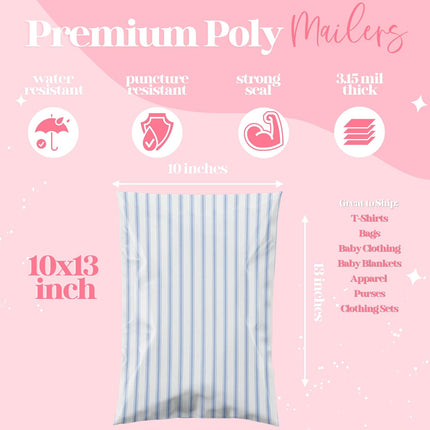 Pretty Package Store 10x13 Designer Poly Mailer 100 Pack Heavy Duty Waterproof Self Seal Shipping Bags for Small Business Large Mailing Envelopes Bulk Tear Resistant Packaging Blue Stripes